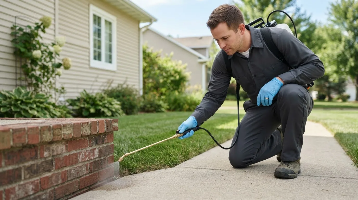 Pest control technician treating a home near Oakwood, OK