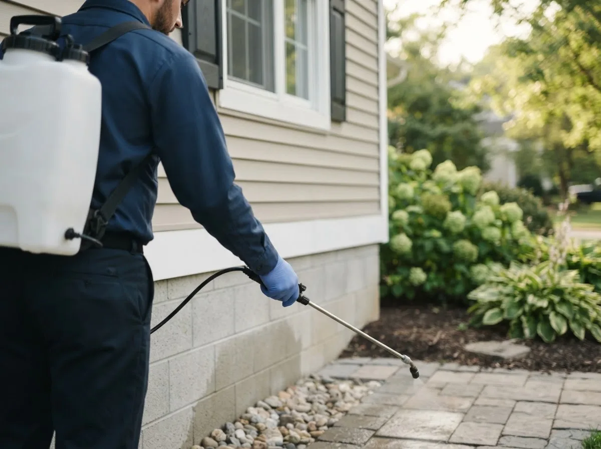 Pest control technician inspecting a home in Oakwood, OK